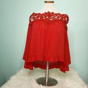 UMGEE boho flowy crochet lace off the shoulder top